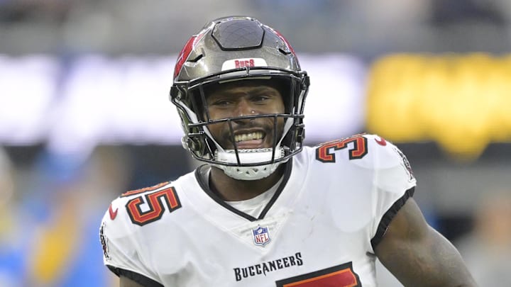 Tampa Bay Buccaneers cornerback Jamel Dean (35) celebrates after a fumble recovery in the second half against the Los Angeles Chargers
