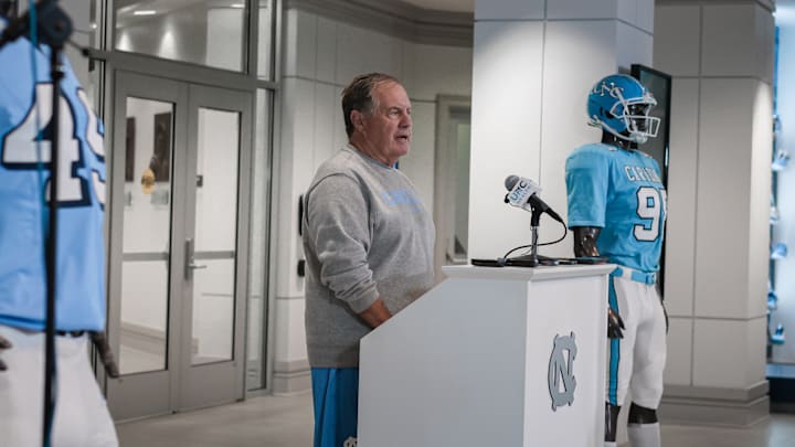Bill Belichick speaking to the press before UNC's first practice of fall camp on Aug. 2, 2025