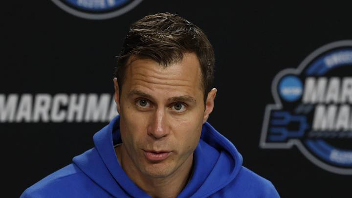 Mar 26, 2026; Washington, DC, USA; Duke Blue Devils head coach Jon Scheyer speaks with the media during a press conference ahead of the east regional of the men's 2026 NCAA Tournament at Capital One Arena. Mandatory Credit: Geoff Burke-Imagn Images