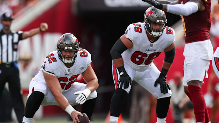 Sep 8, 2024; Tampa, Florida, USA; Tampa Bay Buccaneers center Graham Barton (62) lines up against the Washington Commanders in the first quarter at Raymond James Stadium. Mandatory Credit: Nathan Ray Seebeck-Imagn Images Sep 8, 2024; Tampa, Florida, USA; Tampa Bay Buccaneers center Graham Barton (62) lines up against the Washington Commanders in the first quarter at Raymond James Stadium. Mandatory Credit: Nathan Ray Seebeck-Imagn Images