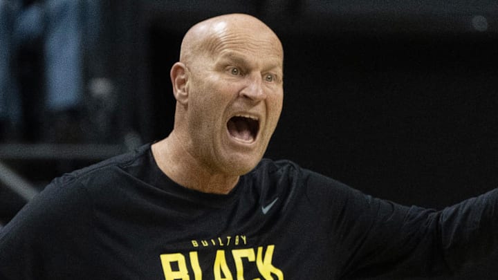 Oregon coach Kelly Graves call to his team during the first half against Nebraska Feb. 19, 2026.