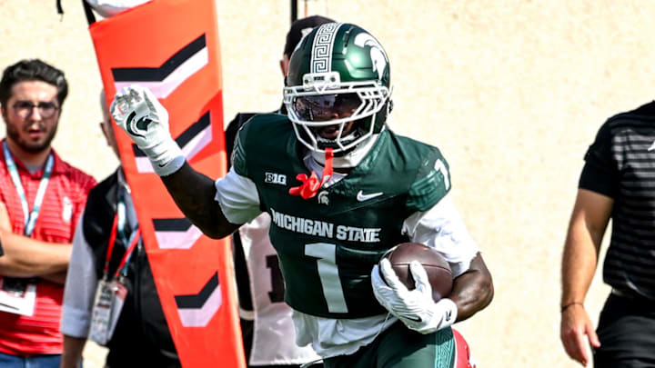 Michigan State's Omari Kelly runs after a catch against Youngstown State during the first quarter on Saturday, Sept. 13, 2025, at Spartan Stadium in East Lansing.