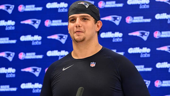 May 9, 2025; Foxborough, MA, USA; New England Patriots offensive tackle Will Campbell (66) speaks to the media after rookie camp at Gillette Stadium. Mandatory Credit: Eric Canha-Imagn Images May 9, 2025; Foxborough, MA, USA; New England Patriots offensive tackle Will Campbell (66) speaks to the media after rookie camp at Gillette Stadium. Mandatory Credit: Eric Canha-Imagn Images