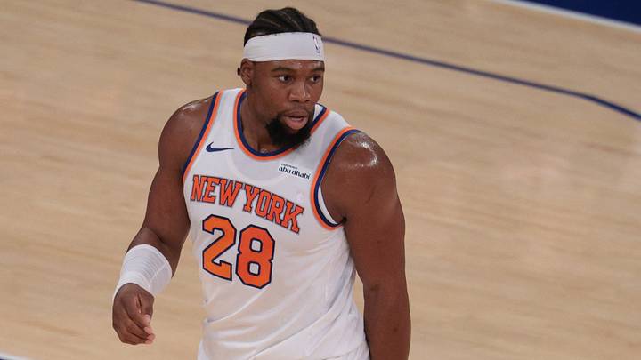 Oct 13, 2025; New York, New York, USA; New York Knicks forward Guerschon Yabusele (28) reacts after making a basket against the Washington Wizards during the first quarter at Madison Square Garden. Mandatory Credit: Vincent Carchietta-Imagn Images