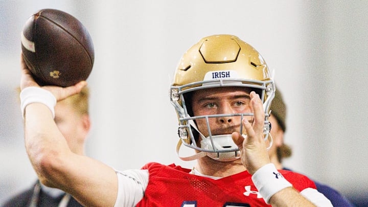 Quarterback CJ Carr (13) during a Notre Dame football practice at Irish Athletic Center on Friday, March 20, 2026, in South Bend.