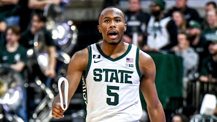Michigan State's Tre Holloman reacts after being called fora foul in the game against Penn State during the second half on Wednesday, Jan. 15, 2025, at the Breslin Center in East Lansing. Michigan State's Tre Holloman reacts after being called fora foul in the game against Penn State during the second half on Wednesday, Jan. 15, 2025, at the Breslin Center in East Lansing.