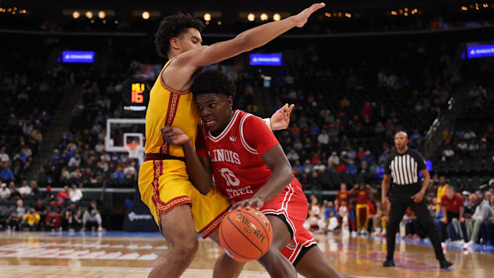 Nov 14, 2025; Inglewood, California, USA; Illinois State Redbirds guard Ty'Reek Coleman (10) drives to the basket against Southern California Trojans guard Rodney Rice (1) during the second half of the Hall of Fame Series game at Intuit Dome. Mandatory Credit: Kiyoshi Mio-Imagn Images
