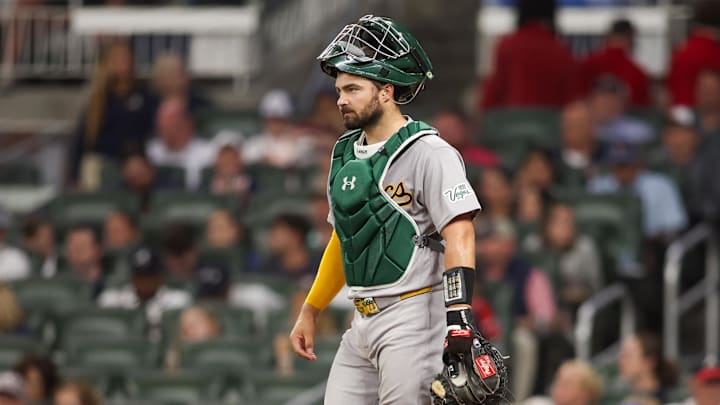 Mar 31, 2026; Atlanta, Georgia, USA; Athletics catcher Shea Langeliers (23) in action against the Atlanta Braves in the sixth inning at Truist Park. Mandatory Credit: Brett Davis-Imagn Images