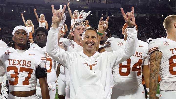 Texas Longhorns head coach Steve Sarkisian reacts after beating the Mississippi State Bulldogs in overtime at Davis Wade Stadium at Scott Field.