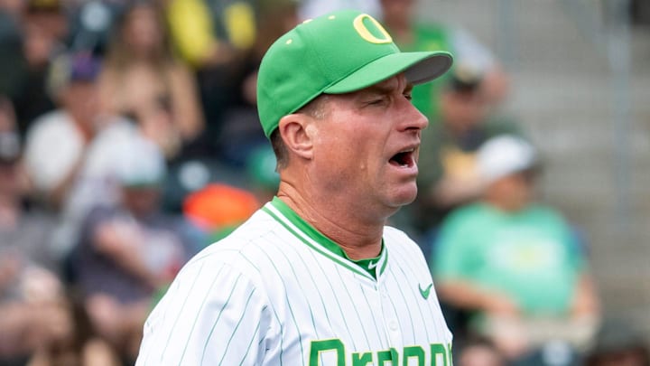 Oregon coach Mark Wasikowski comes out from the dugout to dispute a call as the Oregon Ducks host the Washington Huskies on May 10, 2025, at PK Park in Eugene.