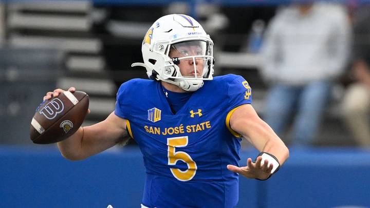 Nov 29, 2024; San Jose, California, USA; San Jose State Spartans quarterback Walker Eget (5) throws against the Stanford Cardinal in the fourth quarter at CEFCU Stadium. Mandatory Credit: Eakin Howard-Imagn Images Nov 29, 2024; San Jose, California, USA; San Jose State Spartans quarterback Walker Eget (5) throws against the Stanford Cardinal in the fourth quarter at CEFCU Stadium. Mandatory Credit: Eakin Howard-Imagn Images