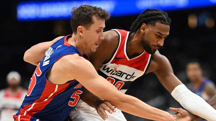 Oct 10, 2026; Washington, District of Columbia, USA; Washington Wizards center Alex Sarr (20) battles for loose ball between Detroit Pistons forward Duncan Robinson (55) and forward Paul Reed (7) during the third quarter at Capital One Arena. Mandatory Credit: Rafael Suanes-Imagn Images Oct 10, 2026; Washington, District of Columbia, USA; Washington Wizards center Alex Sarr (20) battles for loose ball between Detroit Pistons forward Duncan Robinson (55) and forward Paul Reed (7) during the third quarter at Capital One Arena. Mandatory Credit: Rafael Suanes-Imagn Images