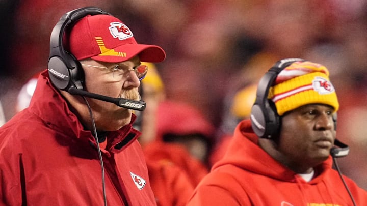 Nov 1, 2021; Kansas City, Missouri, USA; Kansas City Chiefs head coach Andy Reid (left) and offensive coordinator Eric Bieniemy (right) look on from the sideline during the first quarter against the New York Giants at GEHA Field at Arrowhead Stadium. Mandatory Credit: Jay Biggerstaff-Imagn Images