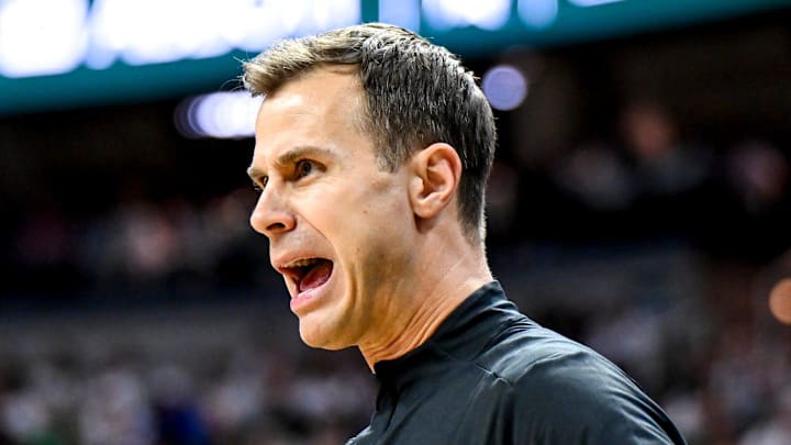 Duke's head coach Jon Scheyer calls out to players during the first half in the game against Michigan State on Saturday, Dec. 6, 2025, at the Breslin Center in East Lansing.