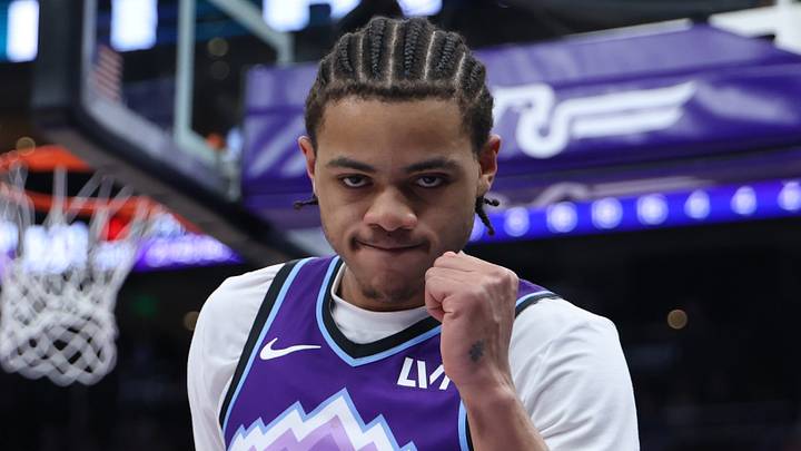 Jan 30, 2026; Salt Lake City, Utah, USA; Utah Jazz guard Keyonte George (3) reacts after a play against the Brooklyn Nets during the second half at Delta Center. Mandatory Credit: Rob Gray-Imagn Images