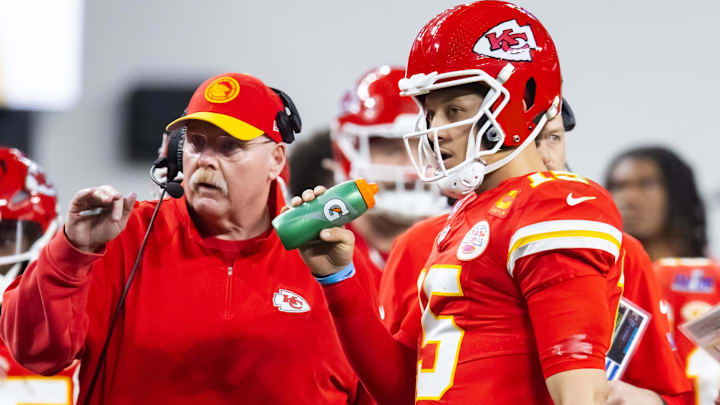 Feb 11, 2024; Paradise, Nevada, USA; Kansas City Chiefs head coach Andy Reid with quarterback Patrick Mahomes (15) against the San Francisco 49ers during Super Bowl LVIII at Allegiant Stadium. Mandatory Credit: Mark J. Rebilas-Imagn Images Feb 11, 2024; Paradise, Nevada, USA; Kansas City Chiefs head coach Andy Reid with quarterback Patrick Mahomes (15) against the San Francisco 49ers during Super Bowl LVIII at Allegiant Stadium. Mandatory Credit: Mark J. Rebilas-Imagn Images