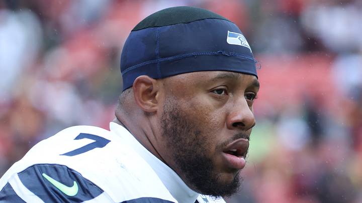 Seattle Seahawks linebacker Uchenna Nwosu looks on during the first half against the Washington Commanders. Seattle Seahawks linebacker Uchenna Nwosu looks on during the first half against the Washington Commanders.
