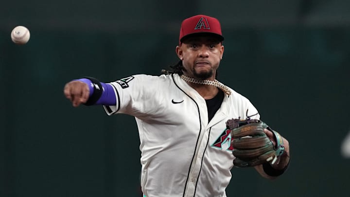 Jul 6, 2025; Phoenix, Arizona, USA; Arizona Diamondbacks second base Ketel Marte (4) makes the play for an out against the Kansas City Royals in the eighth inning at Chase Field. Mandatory Credit: Rick Scuteri-Imagn Images Jul 6, 2025; Phoenix, Arizona, USA; Arizona Diamondbacks second base Ketel Marte (4) makes the play for an out against the Kansas City Royals in the eighth inning at Chase Field. Mandatory Credit: Rick Scuteri-Imagn Images