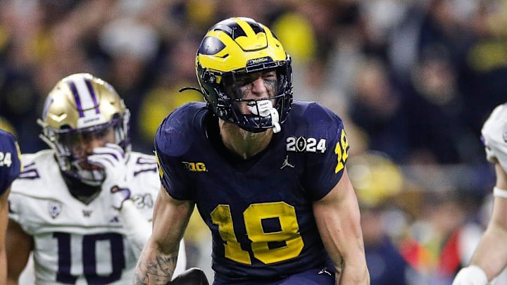 Michigan tight end Colston Loveland celebrates a play against Washington during the second half of U-M's 34-13 win in the College Football Playoff national championship game in Houston on Monday, Jan. 8, 2024. Michigan tight end Colston Loveland celebrates a play against Washington during the second half of U-M's 34-13 win in the College Football Playoff national championship game in Houston on Monday, Jan. 8, 2024.