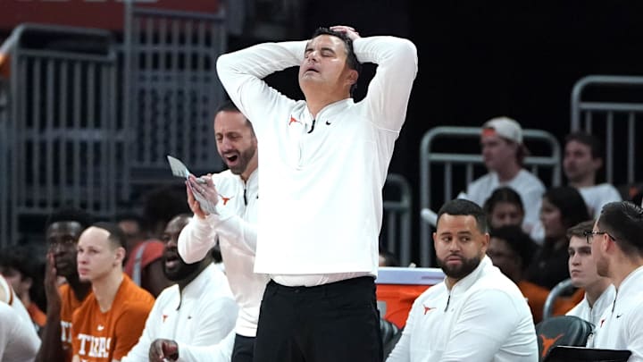 Texas Longhorns head coach Sean Miller reacts during the second half against the Kansas City Roos at Moody Center.