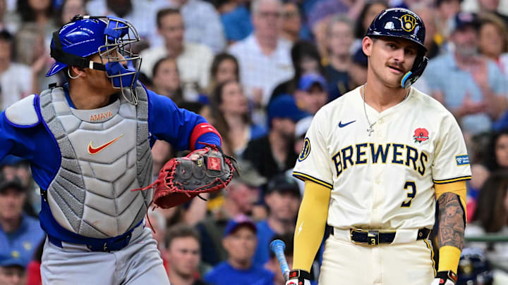 May 27, 2024; Milwaukee, Wisconsin, USA; Milwaukee Brewers third baseman Joey Ortiz (3) reacts after being called out on strikes in the second inning against the Chicago Cubs at American Family Field. Mandatory Credit: Benny Sieu-Imagn Images