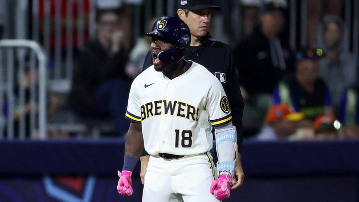Aug 23, 2026; Williamsport, PA, USA; Milwaukee Brewers center fielder Luis Lara (18) reacts after hitting a triple during the eighth inning of the MLB Little League Classic against the Atlanta Braves at Journey Bank Ballpark at Historic Bowman Field. Mandatory Credit: Matthew O'Haren-Imagn Images Aug 23, 2026; Williamsport, PA, USA; Milwaukee Brewers center fielder Luis Lara (18) reacts after hitting a triple during the eighth inning of the MLB Little League Classic against the Atlanta Braves at Journey Bank Ballpark at Historic Bowman Field. Mandatory Credit: Matthew O'Haren-Imagn Images