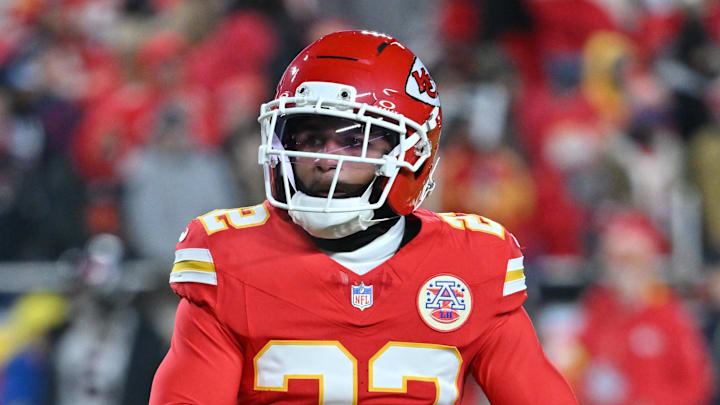 Dec 7, 2025; Kansas City, Missouri, USA; Kansas City Chiefs cornerback Trent McDuffie (22) warms up prior to the game against the Houston Texans at GEHA Field at Arrowhead Stadium. Mandatory Credit: Amy Kontras-Imagn Images