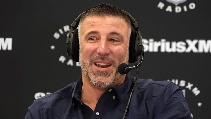 Feb 25, 2025; Indianapolis, IN, USA; New England Patriots coach Mike Vrabel on the SiriusXM radio set at the NFL Scouting Combine at the Indiana Convention Center. Mandatory Credit: Kirby Lee-Imagn Images