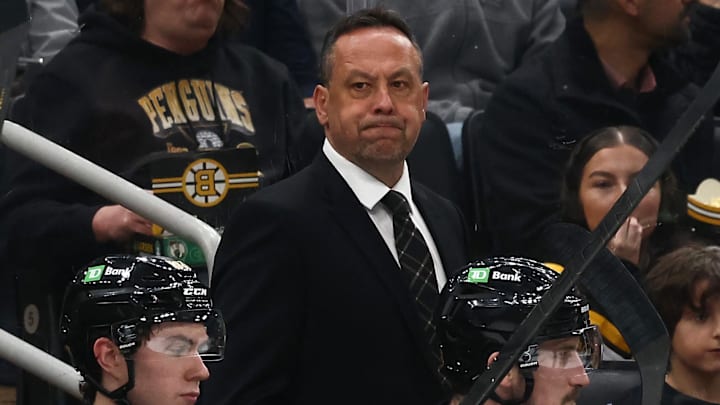 Mar 3, 2026; Boston, Massachusetts, USA; Boston Bruins head coach Marco Sturm behind the bench during the third period against the Pittsburgh Penguins at TD Garden. Mandatory Credit: Winslow Townson-Imagn Images