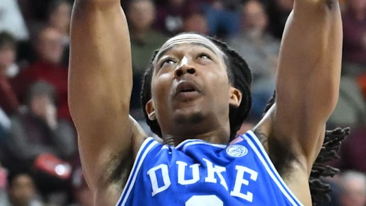 Jan 31, 2026; Blacksburg, Virginia, USA; Duke Blue Devils forward Maliq Brown (6) dunks the ball against the Virginia Tech Hokies during the first half at Cassell Coliseum. Mandatory Credit: Brian Bishop-Imagn Images