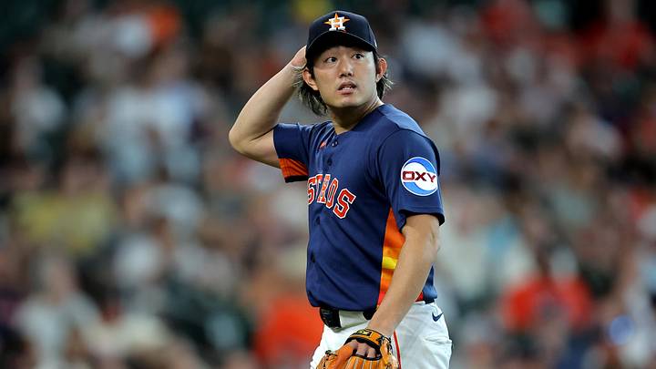 May 31, 2026; Houston, Texas, USA; Houston Astros pitcher Tatsuya Imai (45) walks to the dugout after retiring the side against the Milwaukee Brewers during the fifth inning at Daikin Park. Mandatory Credit: Erik Williams-Imagn Images