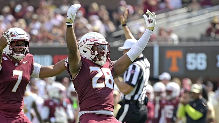 Florida State Seminoles linebacker Justin Cryer (28) celebrates a defensive stop during the first half against the Kent State Golden Flashes at Doak S. Campbell Stadium. 