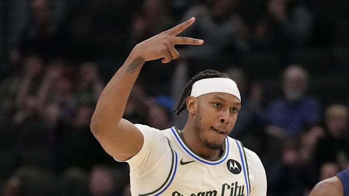 Milwaukee Bucks center Myles Turner (3) celebrates after scoring a basket during overtime against the New Orleans Pelicans at Fiserv Forum on February 4, 2026.