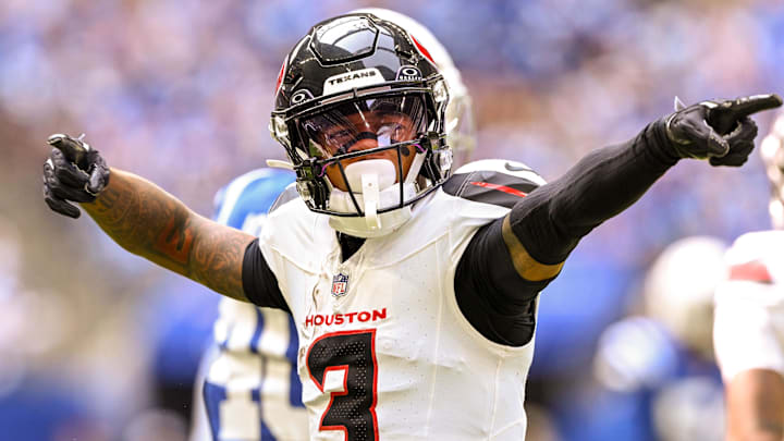Sep 8, 2024; Indianapolis, Indiana, USA; Houston Texans wide receiver Tank Dell (3) reacts to a tackle during the first quarter against the Indianapolis Colts at Lucas Oil Stadium. Mandatory Credit: Marc Lebryk-Imagn Images Sep 8, 2024; Indianapolis, Indiana, USA; Houston Texans wide receiver Tank Dell (3) reacts to a tackle during the first quarter against the Indianapolis Colts at Lucas Oil Stadium. Mandatory Credit: Marc Lebryk-Imagn Images