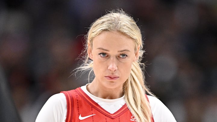 Jun 27, 2025; Dallas, Texas, USA; Indiana Fever guard Sophie Cunningham (8) looks on during the second half against the Dallas Wings at the American Airlines Center. Mandatory Credit: Jerome Miron-Imagn Images