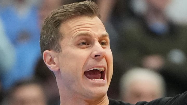 Feb 7, 2026; Chapel Hill, North Carolina, USA;  Duke Blue Devils head coach Jon Scheyer reacts in the first  half at Dean E. Smith Center. Mandatory Credit: Bob Donnan-Imagn Images