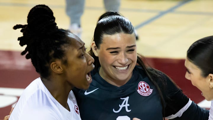 The Alabama Crimson Tide volleyball team celebrates an early point against UCF, but couldn't pull out the win on Sept. 20 205 at Foster Auditorium.