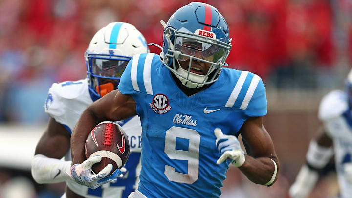 Tre Harris (9) is projected to be a Day 2 selection in the upcoming NFL Draft in Green Bay. 