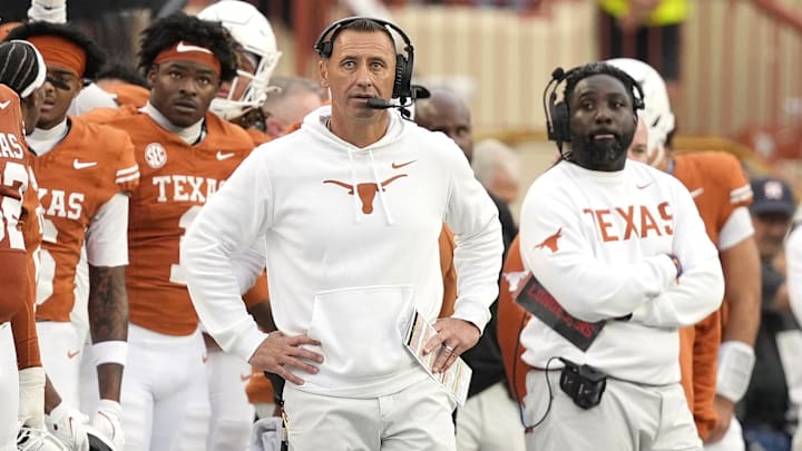 Texas Longhorns head coach Steve Sarkisian observes the second half against the Vanderbilt Commodores at Darrell K Royal-Texas Memorial Stadium. Texas Longhorns head coach Steve Sarkisian observes the second half against the Vanderbilt Commodores at Darrell K Royal-Texas Memorial Stadium.