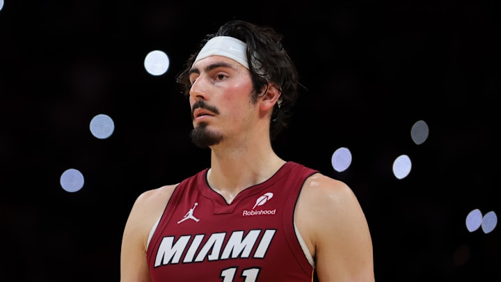 Mar 5, 2026; Miami, Florida, USA; Miami Heat forward Jaime Jaquez Jr. (11) looks on against the Brooklyn Nets during the fourth quarter at Kaseya Center. Mandatory Credit: Sam Navarro-Imagn Images