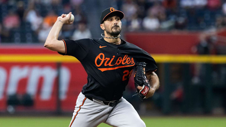 Apr 7, 2025; Phoenix, Arizona, USA; Baltimore Orioles pitcher Zach Eflin in the first inning against the Arizona Diamondbacks at Chase Field. Apr 7, 2025; Phoenix, Arizona, USA; Baltimore Orioles pitcher Zach Eflin in the first inning against the Arizona Diamondbacks at Chase Field.