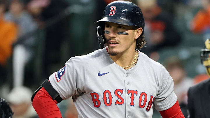 Boston Red Sox outfielder Jarren Duran (16) looks on during the first inning against the Baltimore Orioles at Oriole Park at Camden Yards. 