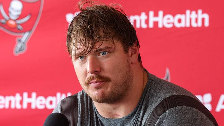 Aug 1, 2025; Tampa, FL, USA; Tampa Bay Buccaneers offensive tackle Luke Goedeke (67) talks to media after training camp at AdventHealth Training Center. Mandatory Credit: Nathan Ray Seebeck-Imagn Images Aug 1, 2025; Tampa, FL, USA; Tampa Bay Buccaneers offensive tackle Luke Goedeke (67) talks to media after training camp at AdventHealth Training Center. Mandatory Credit: Nathan Ray Seebeck-Imagn Images
