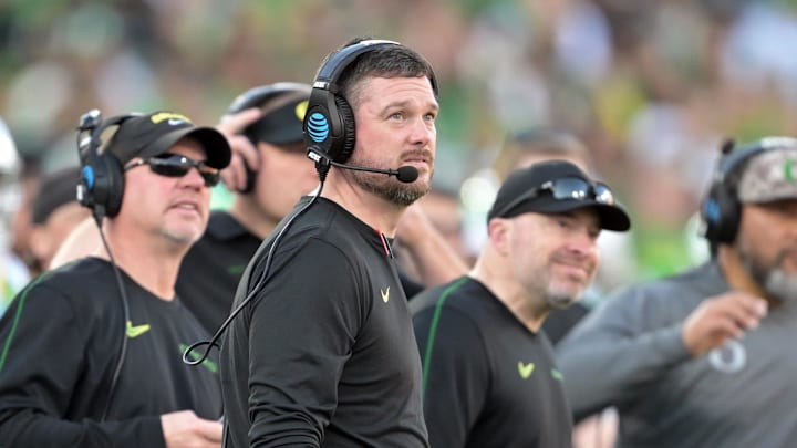 Jan 1, 2025; Pasadena, CA, USA;  Oregon Ducks head coach Dan Lanning looks on in the second quarter against the Ohio State Buckeyes in the 2025 Rose Bowl college football quarterfinal game at Rose Bowl Stadium. Mandatory Credit: Jayne Kamin-Oncea-Imagn Images