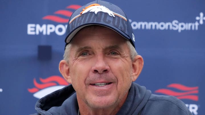 Oct 10, 2025; Ware, United Kingdom; Denver Broncos head coach Sean Payton speaks to media at press conference at the Hanbury Manor. Mandatory Credit: Kirby Lee-Imagn Images Oct 10, 2025; Ware, United Kingdom; Denver Broncos head coach Sean Payton speaks to media at press conference at the Hanbury Manor. Mandatory Credit: Kirby Lee-Imagn Images