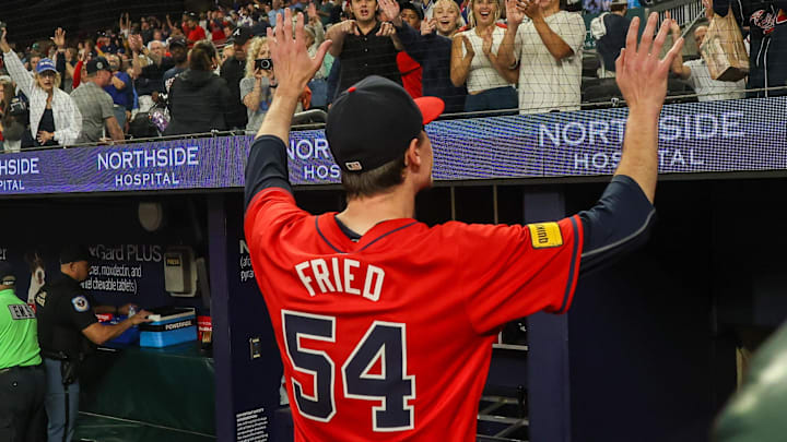 Sep 27, 2024; Atlanta, Georgia, USA; Atlanta Braves starting pitcher Max Fried (54) acknowledges fans after a victory over the Kansas City Royals at Truist Park