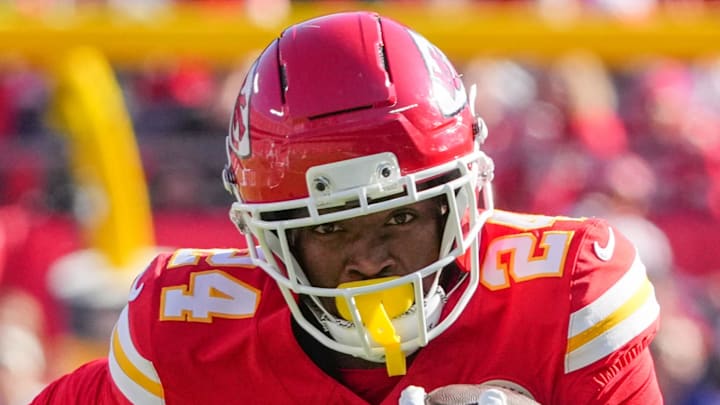 Nov 23, 2025; Kansas City, Missouri, USA; Kansas City Chiefs running back Brashard Smith (24) runs the ball against the Indianapolis Colts during the game at GEHA Field at Arrowhead Stadium. Mandatory Credit: Denny Medley-Imagn Images Nov 23, 2025; Kansas City, Missouri, USA; Kansas City Chiefs running back Brashard Smith (24) runs the ball against the Indianapolis Colts during the game at GEHA Field at Arrowhead Stadium. Mandatory Credit: Denny Medley-Imagn Images