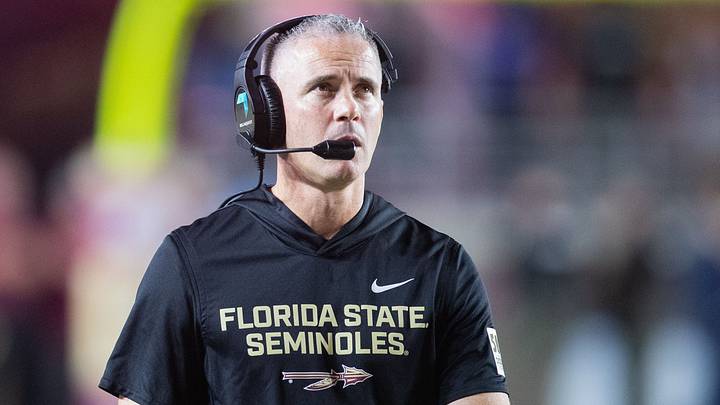 Florida State Seminoles head coach Mike Norvell walks down the field. The Miami Hurricanes lead the Florida State Seminoles 14-3 at the half on Saturday, Oct. 4, 2025. Florida State Seminoles head coach Mike Norvell walks down the field. The Miami Hurricanes lead the Florida State Seminoles 14-3 at the half on Saturday, Oct. 4, 2025.