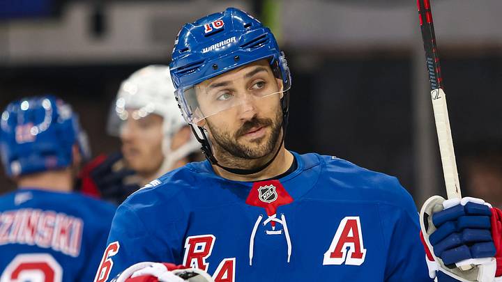 Apr 5, 2026; New York, New York, USA; New York Rangers center Vincent Trocheck (16) skates against the Washington Capitals during the second period at Madison Square Garden. Mandatory Credit: Danny Wild-Imagn Images