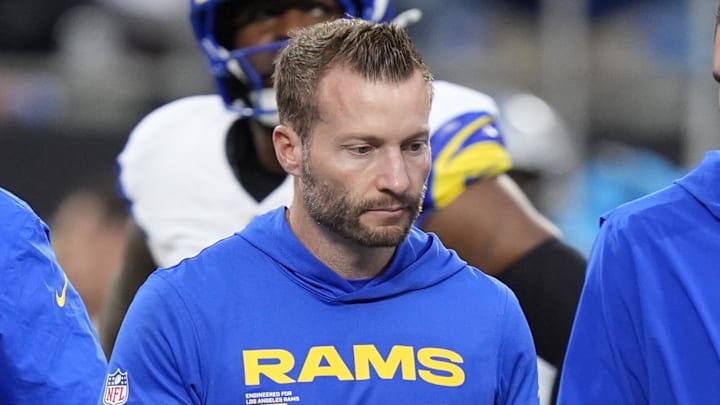 Jan 10, 2026; Charlotte, NC, USA; Los Angeles Rams head coach Sean McVay in the first half during the NFC Wild Card Round game at Bank of America Stadium. Mandatory Credit: Jim Dedmon-Imagn Images